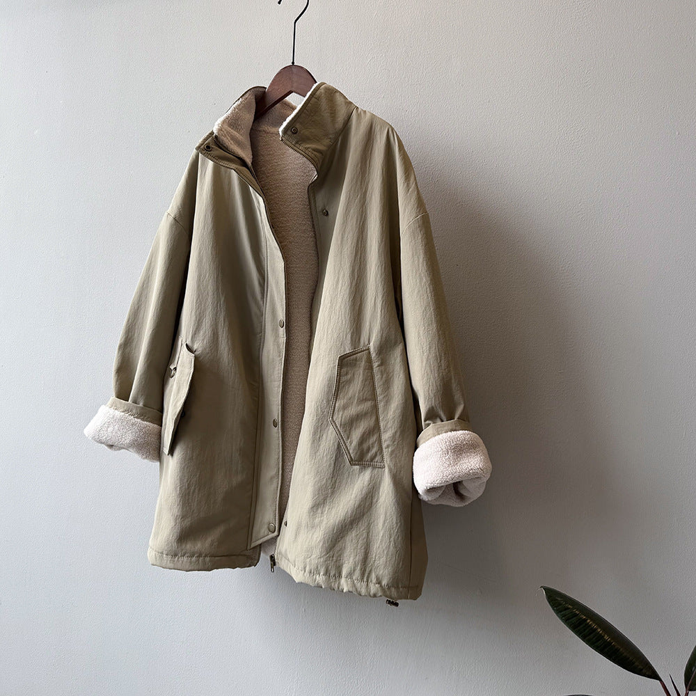 韓系設計感立領羊羔毛工裝保暖派克外套-2色