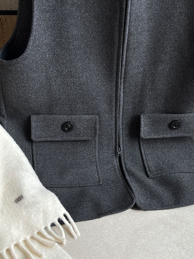 高級感寬鬆毛呢疊穿氣質圓領馬甲