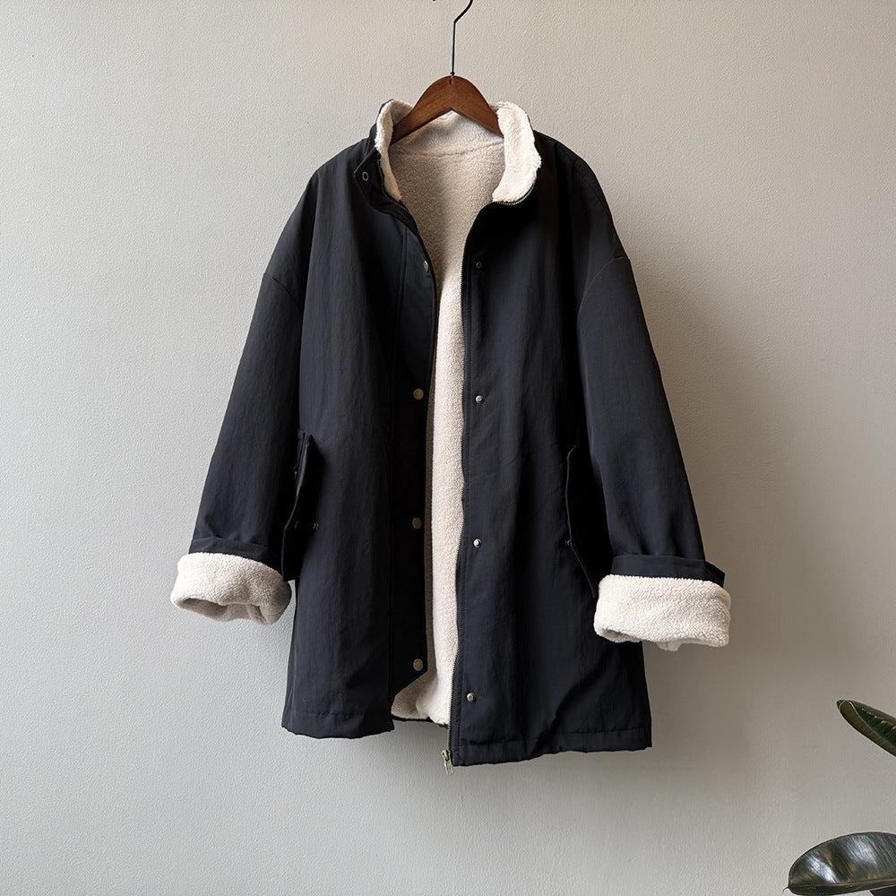 韓系設計感立領羊羔毛工裝保暖派克外套-2色