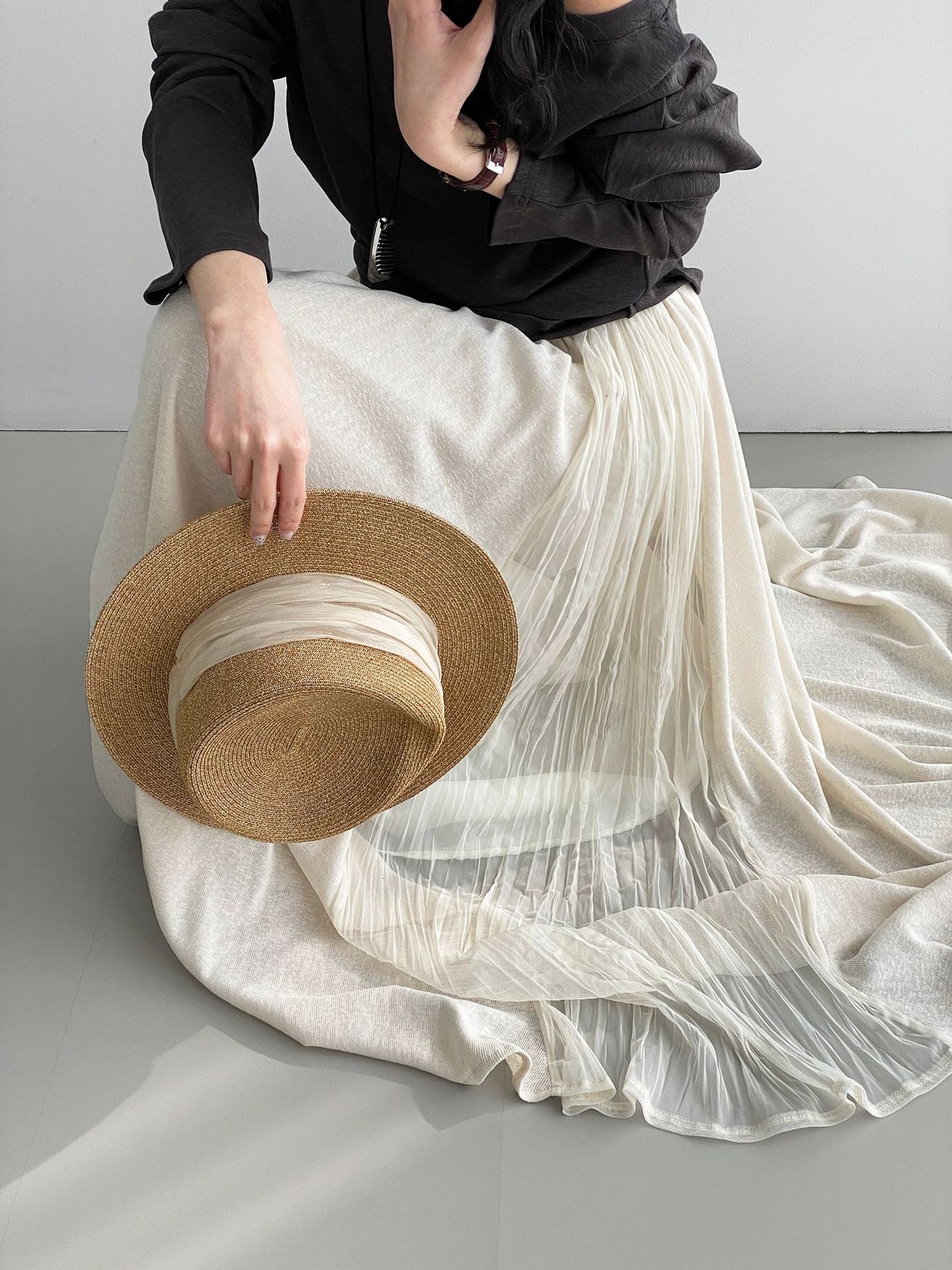 氛圍感文藝網紗拼接針織垂感半身裙