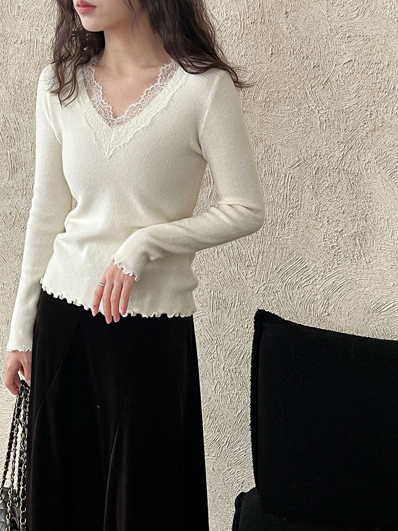 法式修身氣質蕾絲V領顯瘦內搭針織上衣-3色