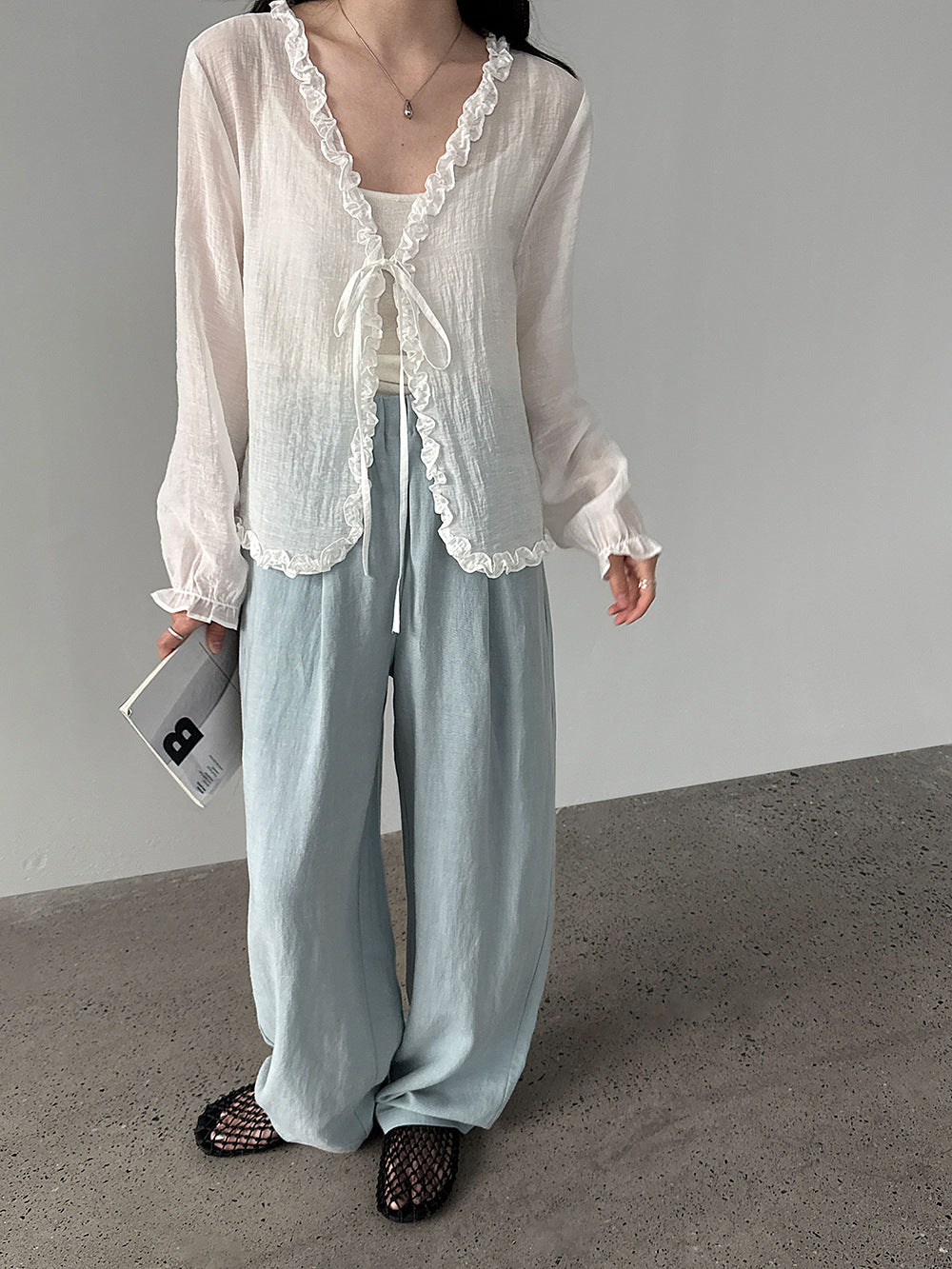 韓系亞麻垂墜感鬆緊腰闊腿褲-3色