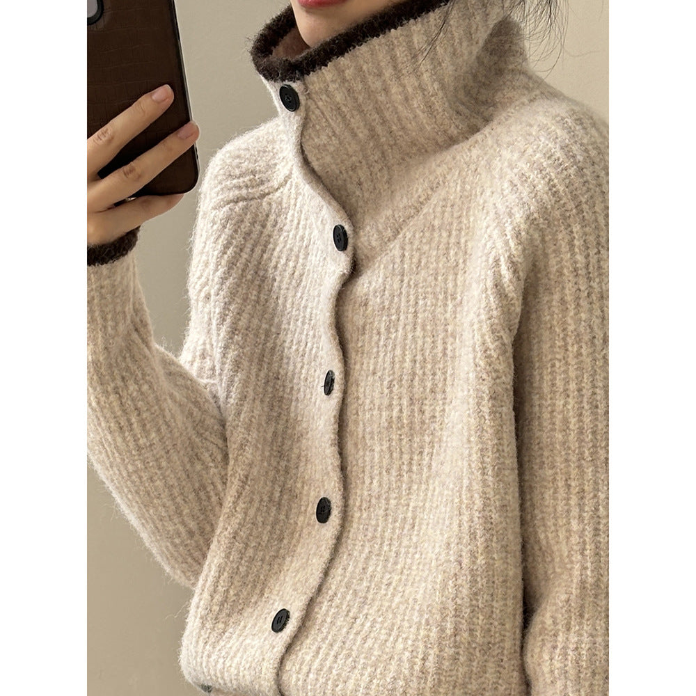 (48H出貨)韓系慵懶撞色翻領單排扣毛衣開衫外套-4色