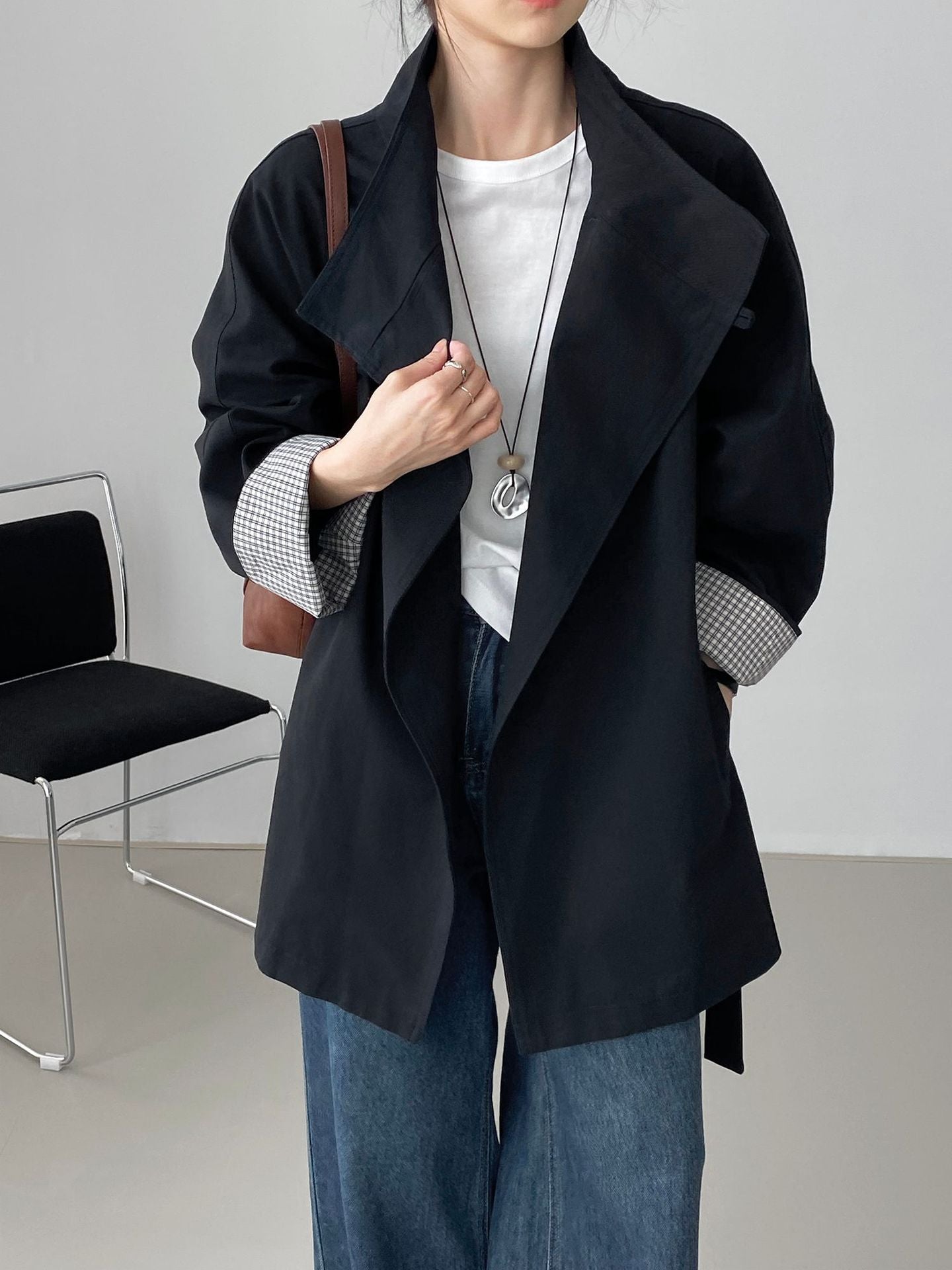 韓系復古英倫風立領寬鬆顯瘦收腰風衣外套-3色