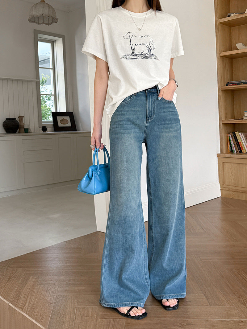 韓系高腰顯瘦寬鬆微喇褲牛仔闊腿褲