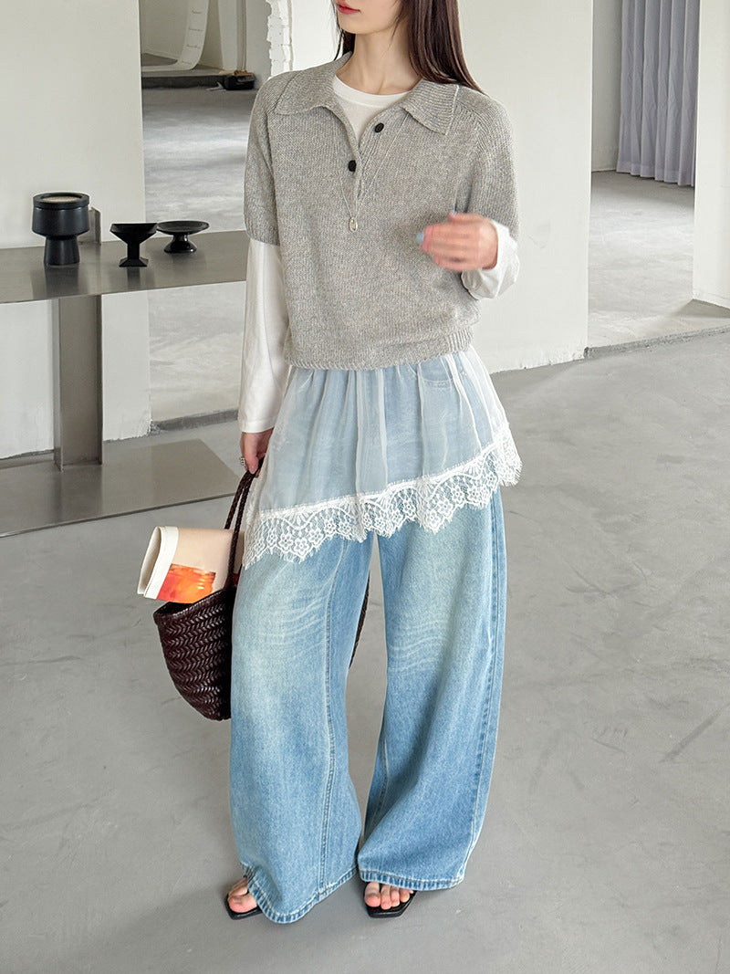 韓系氣質疊穿簡約Polo領針織顯瘦短袖毛衣-3色