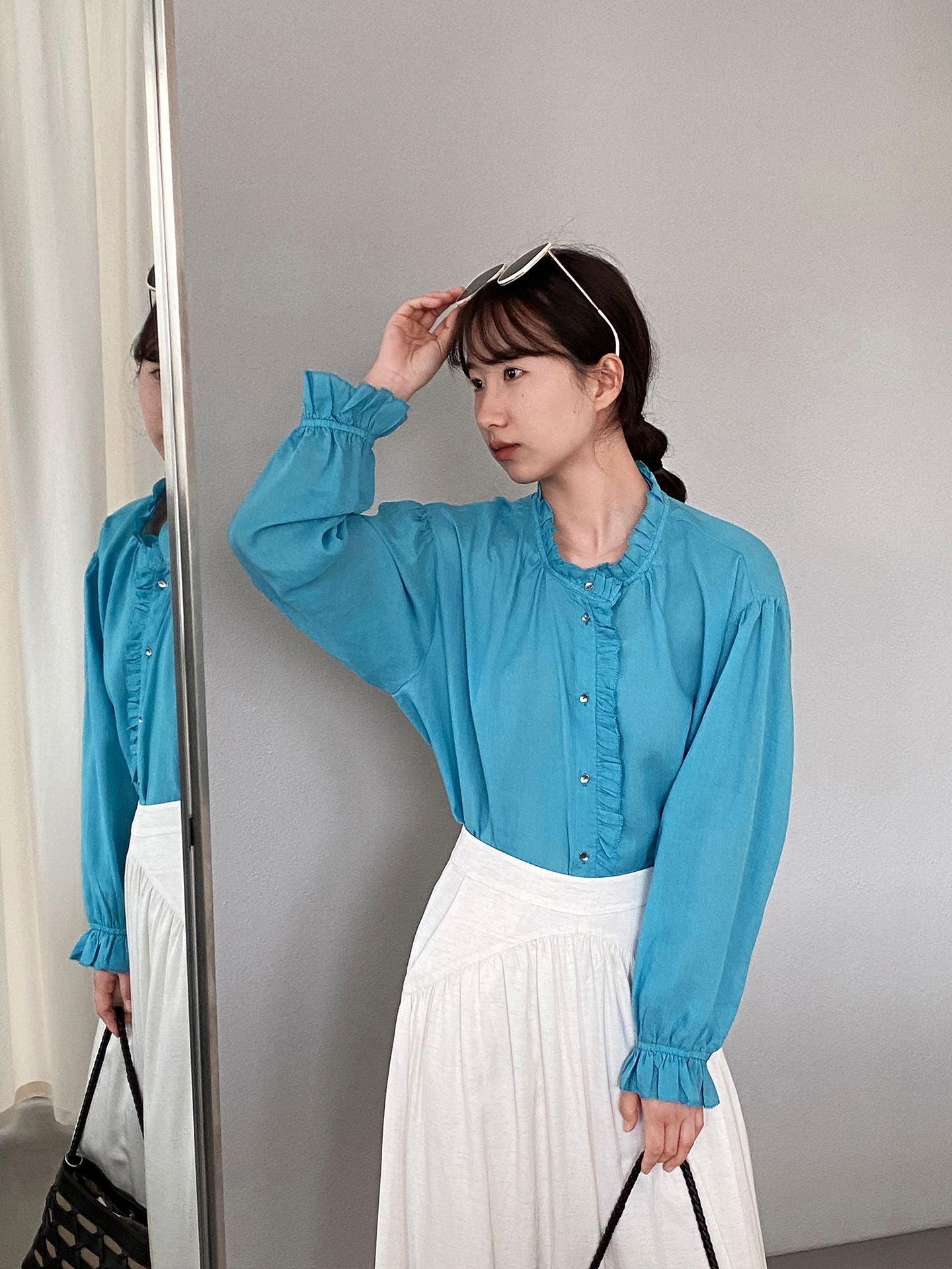 韓系復古木耳花邊領寬鬆喇叭袖苧麻襯衫-2色