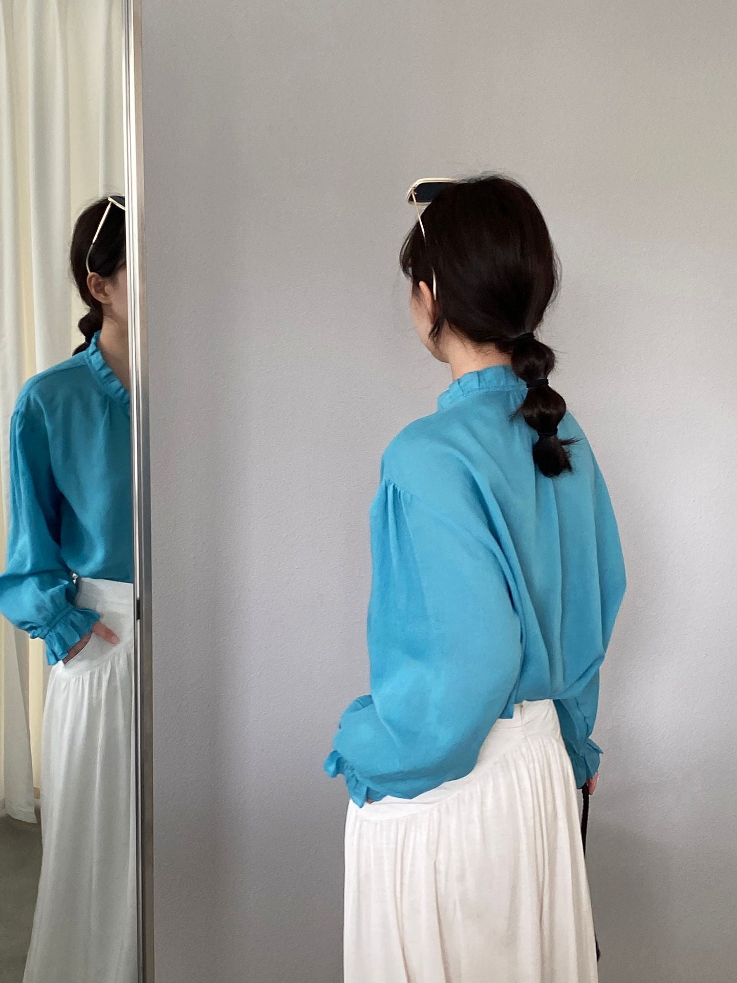 韓系復古木耳花邊領寬鬆喇叭袖苧麻襯衫-2色