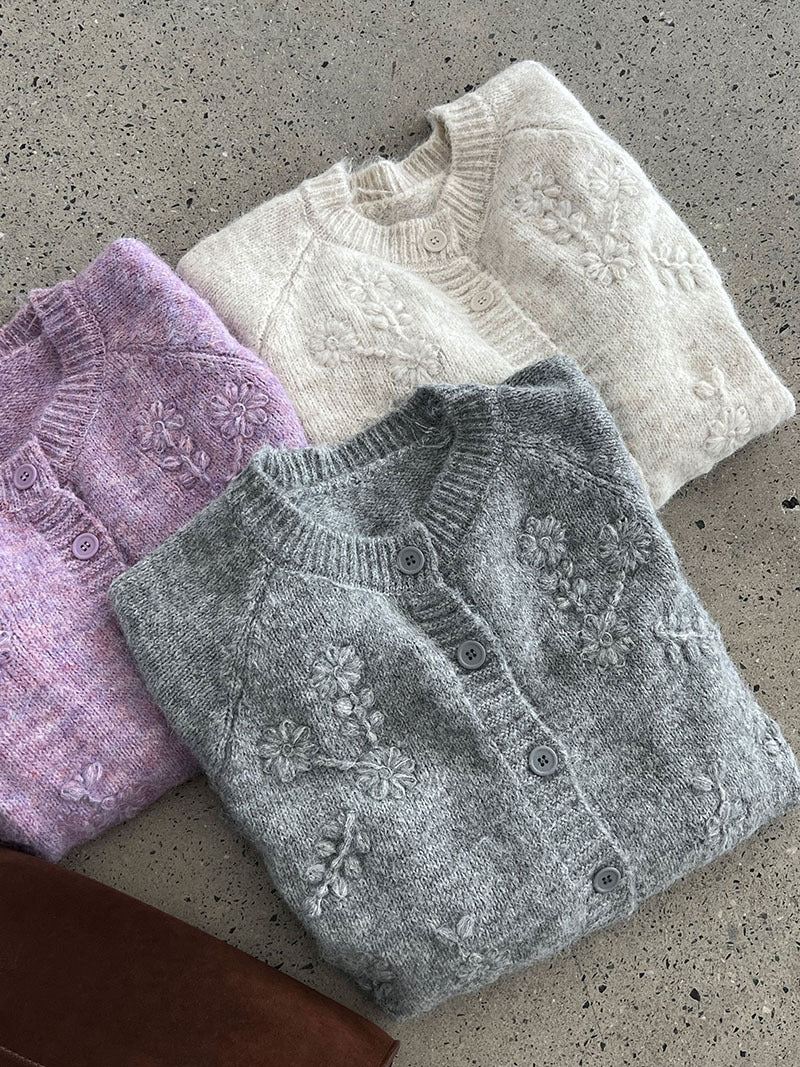 韓系立體手工花朵刺繡針織開衫外套-3色