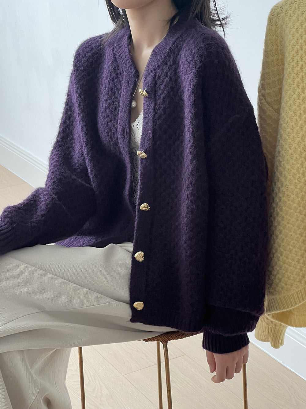 菠蘿紋愛心慵懶扣軟糯針織開衫-3色