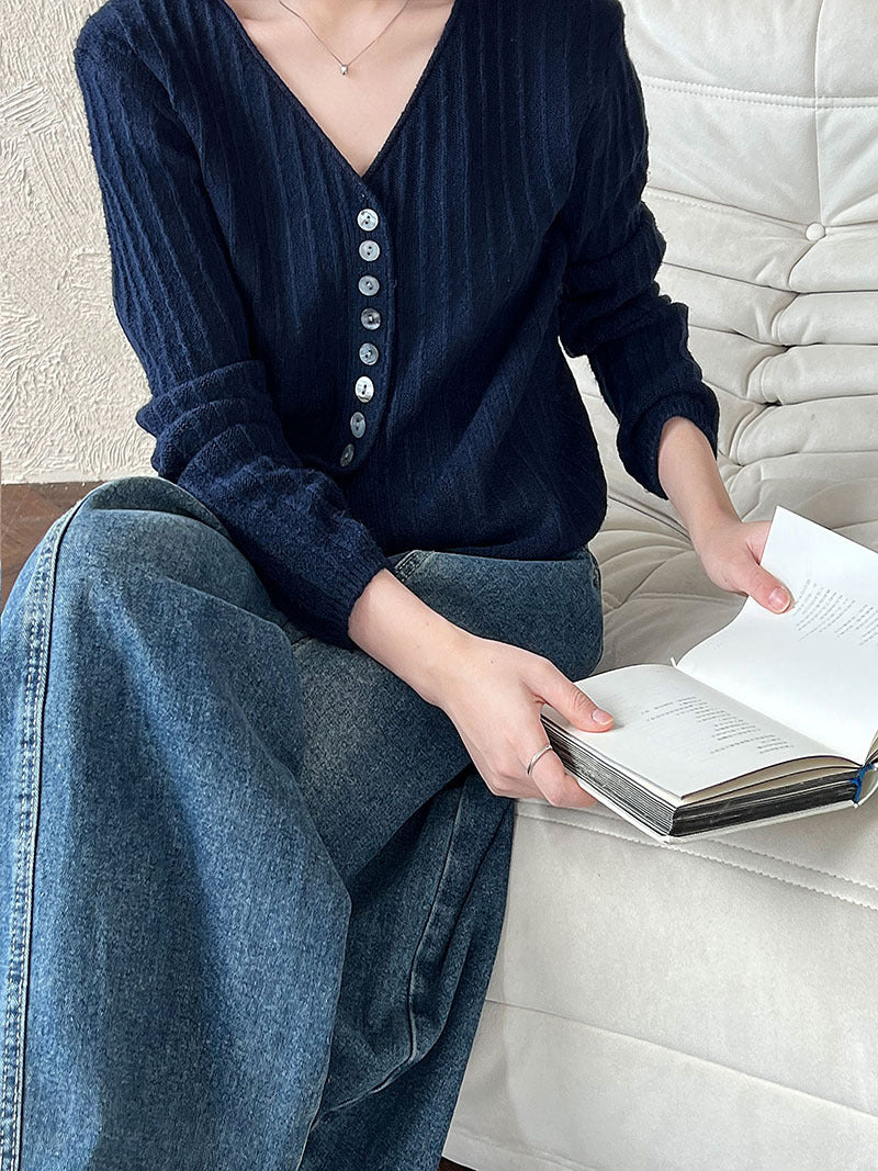 韓系V領簡約單排扣肌理感針織開衫上衣-4色