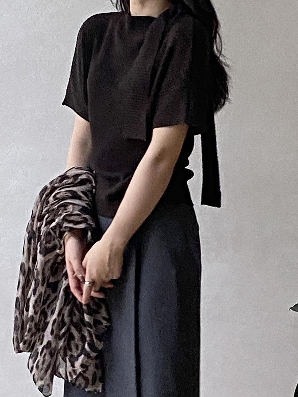 前後兩穿披肩針織T恤女 秋季小衆短袖簡約打底上衣-4色