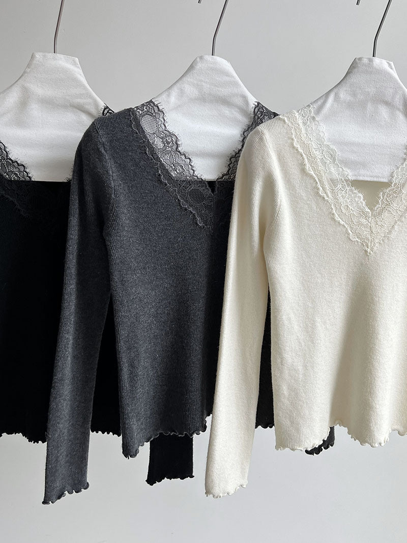 法式修身氣質蕾絲V領顯瘦內搭針織上衣-3色