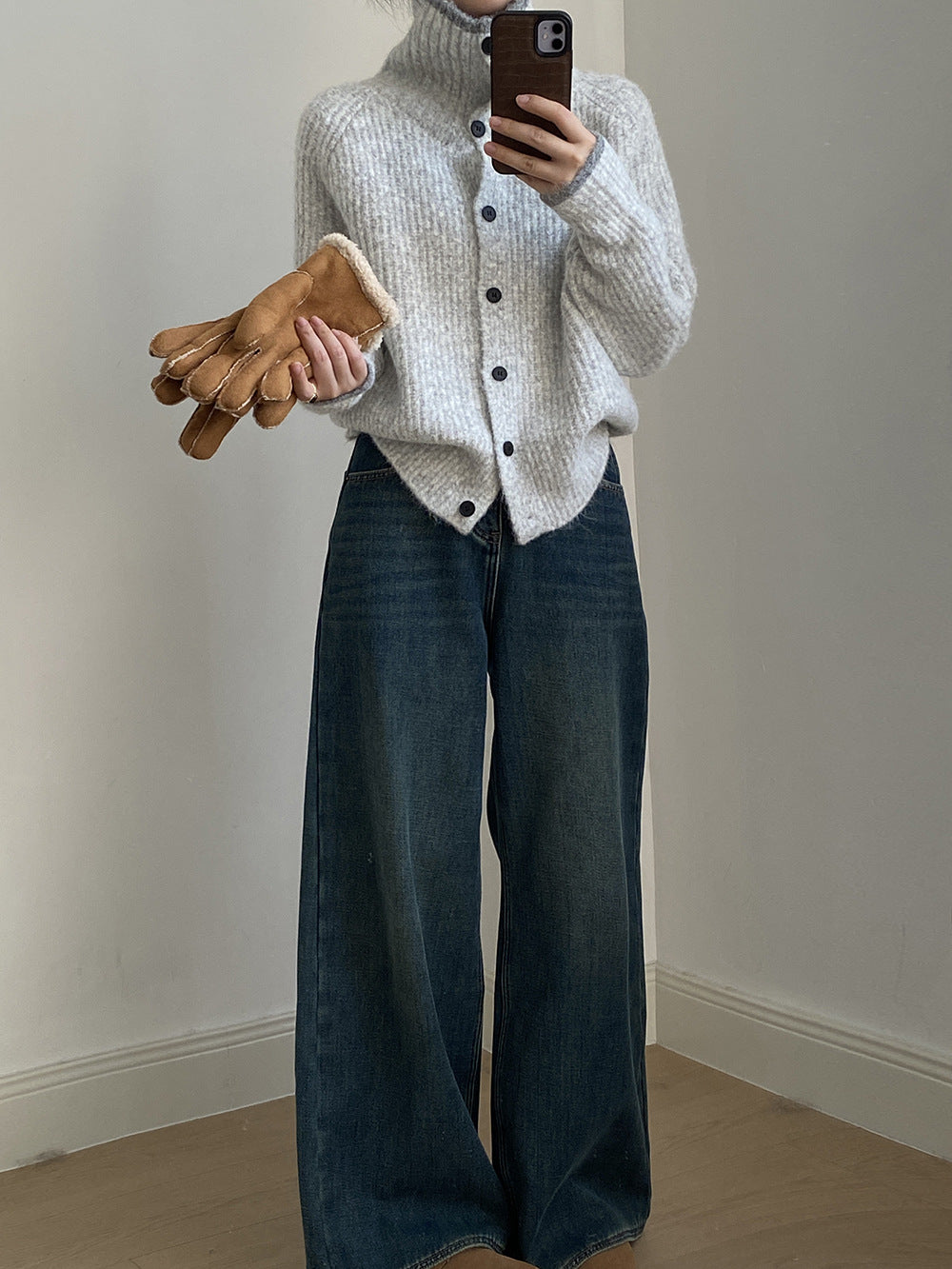 (48H出貨)韓系慵懶撞色翻領單排扣毛衣開衫外套-4色