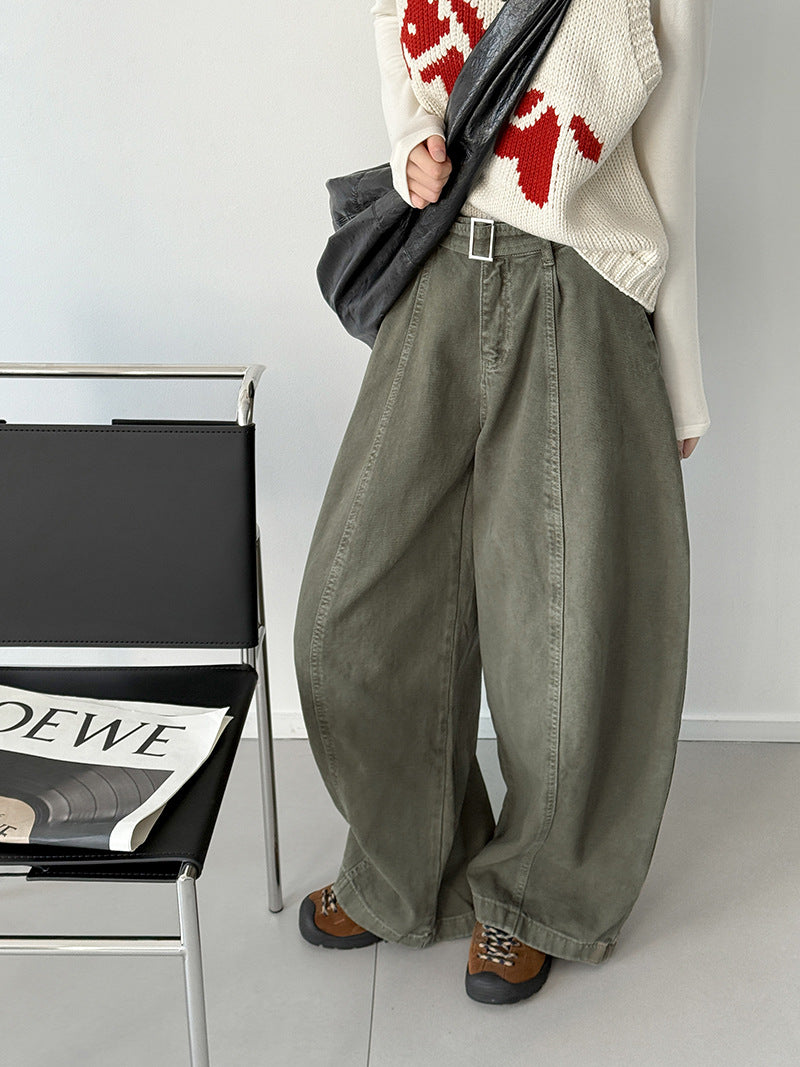 韓系復古高腰寬鬆顯瘦闊腿牛仔褲+腰帶-3色
