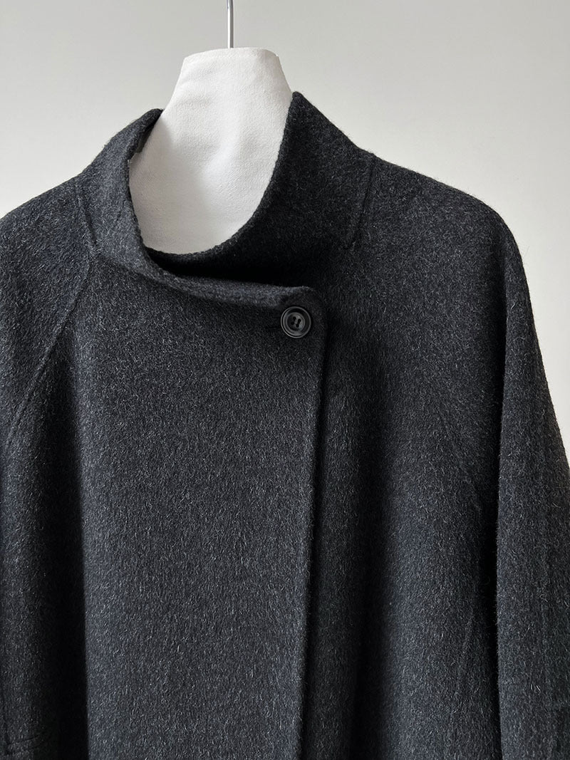 韓版慵懶斜扣領長款雙面呢羊毛大衣外套-3色