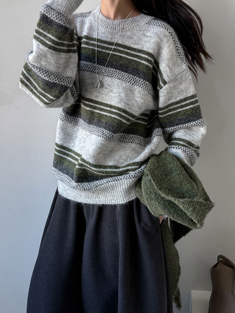 韓系圓領撞色條紋圍巾毛衣-2色