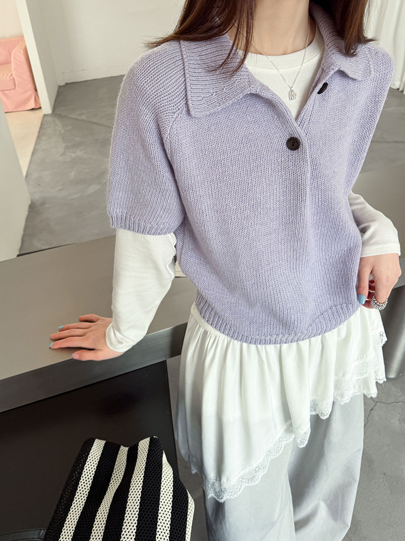 韓系氣質疊穿簡約Polo領針織顯瘦短袖毛衣-3色