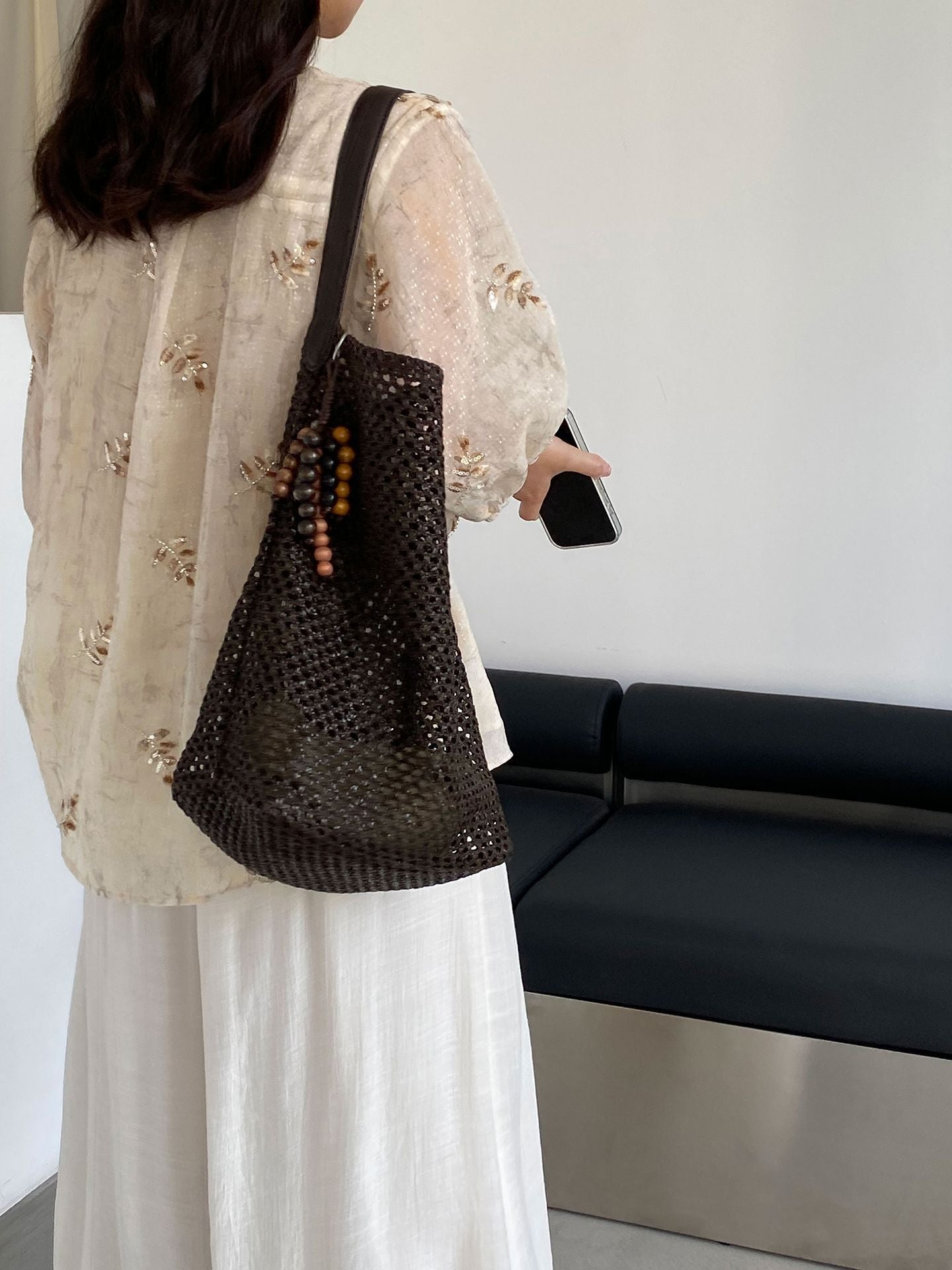 法式花信圓領亮片刺繡碎花防曬襯衫