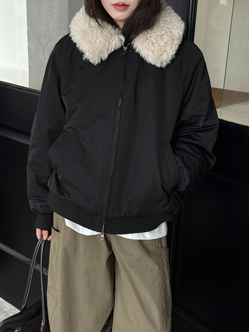 韓系保暖毛毛領夾棉夾克外套-2色