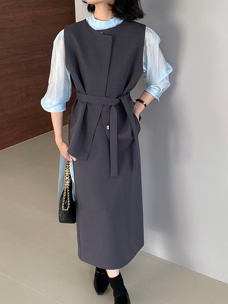 韓版高品質顯瘦西裝無袖馬甲+半身裙+配腰帶-三件式套裝