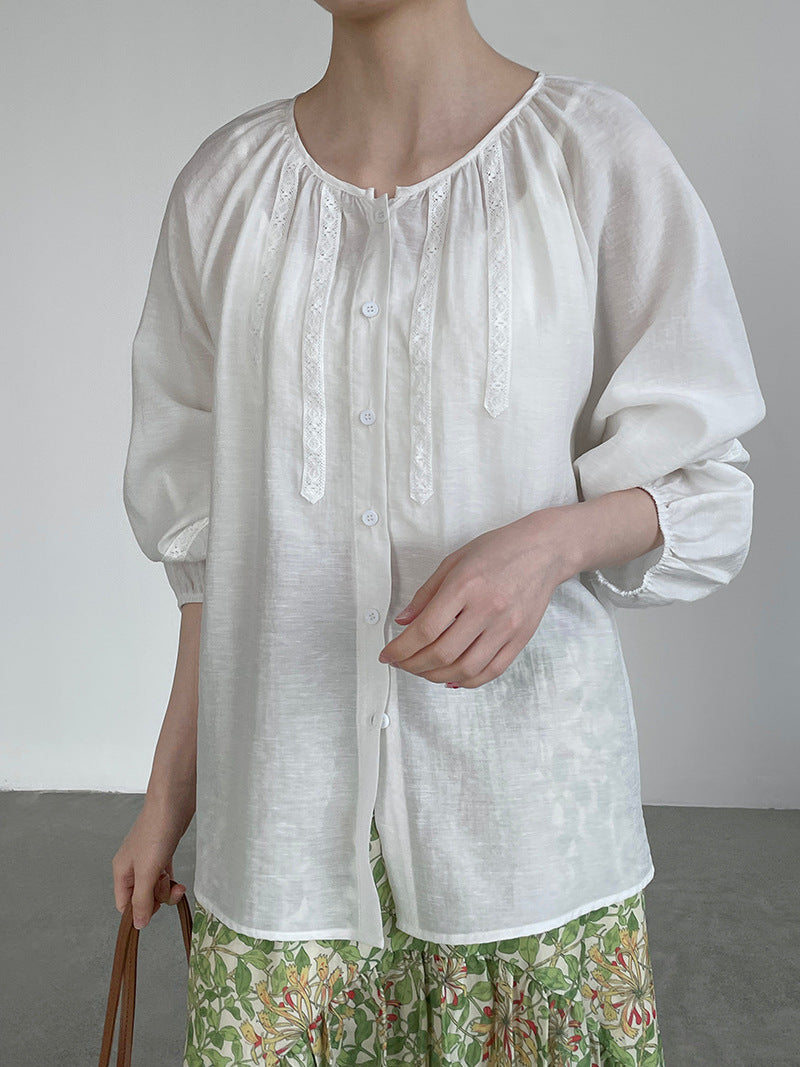 法式刺繡拼接燈籠袖圓領娃娃衫襯衫-2色