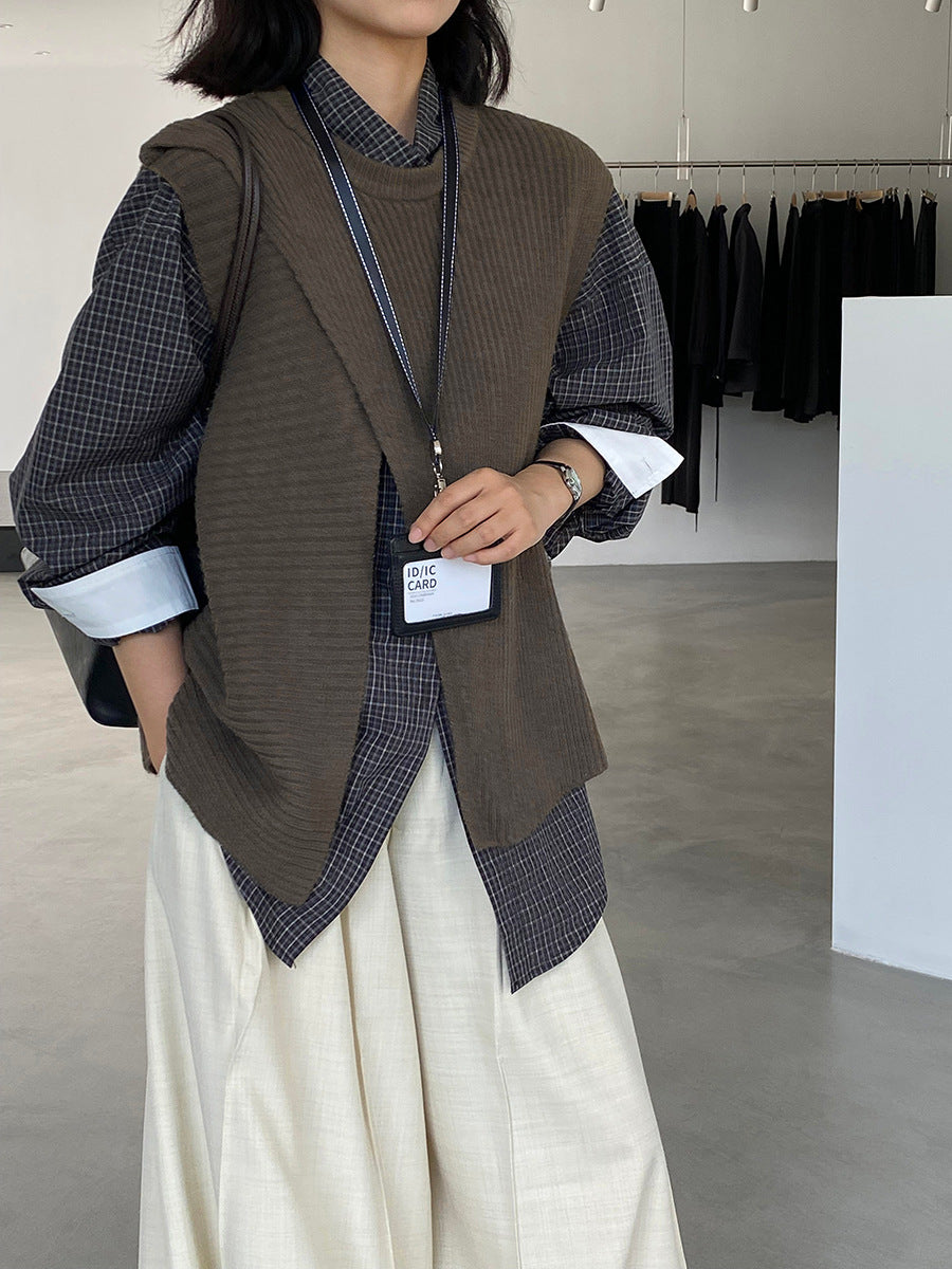 韓版不規則疊穿百搭款針織馬甲上衣-3色