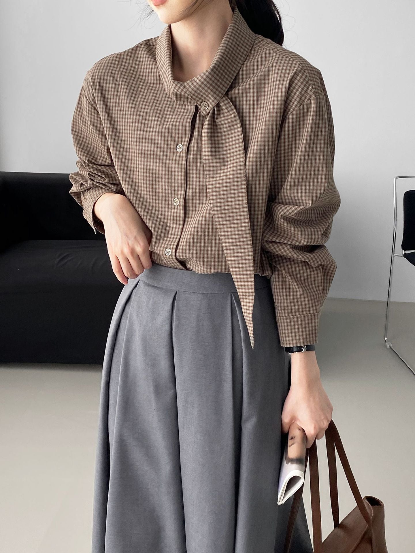 韓系設計感小衆領結格子襯衫-2色