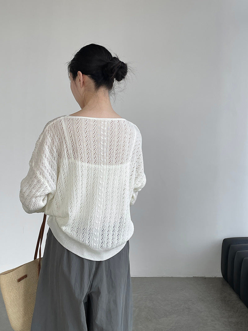 韓系鏤空V領防曬針織罩衫+吊帶上衣-兩件式套裝-4色