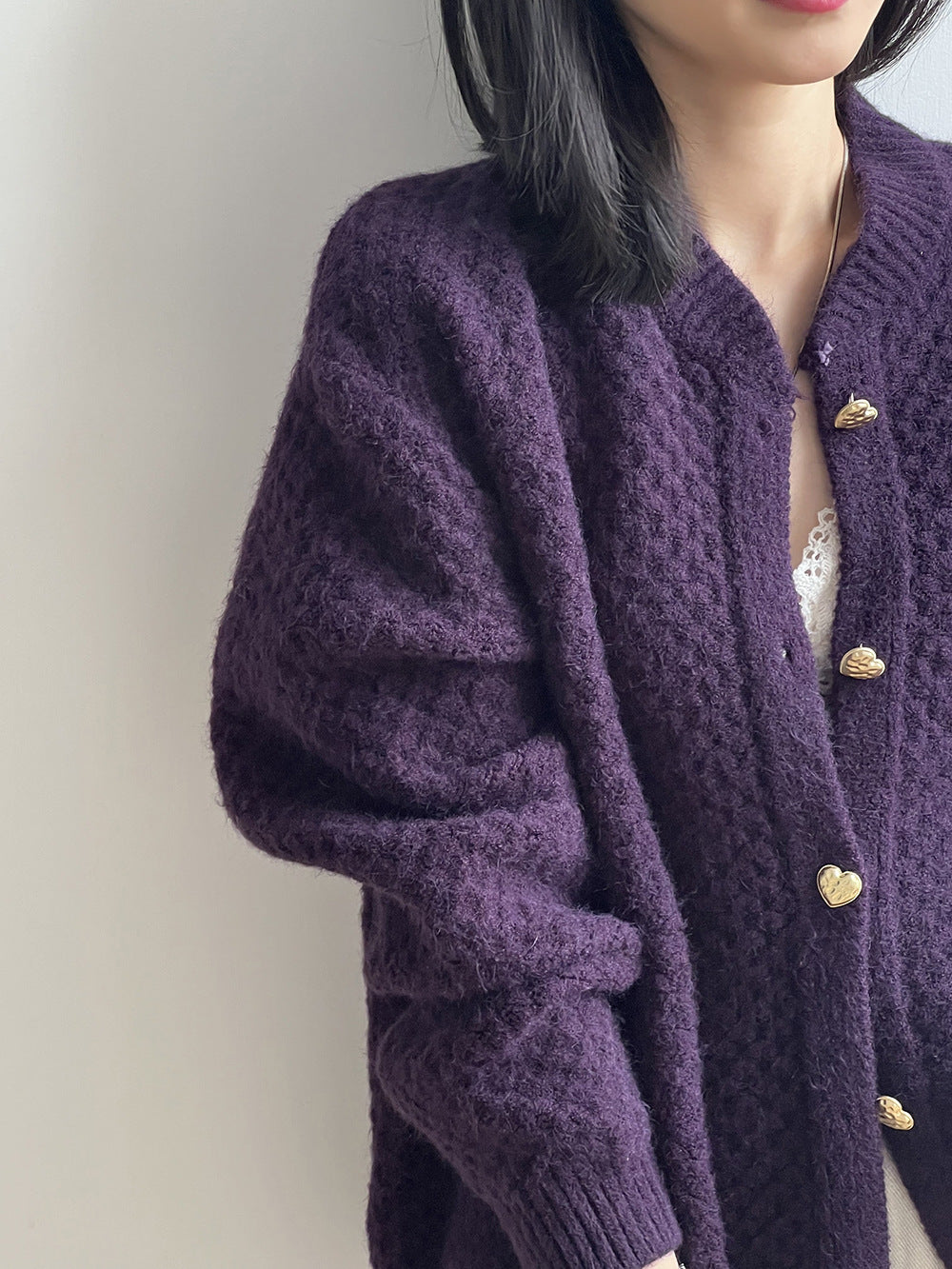 菠蘿紋愛心慵懶扣軟糯針織開衫-3色