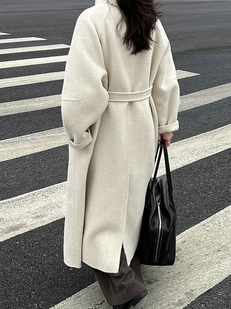 韓版慵懶斜扣領長款雙面呢羊毛大衣外套-3色