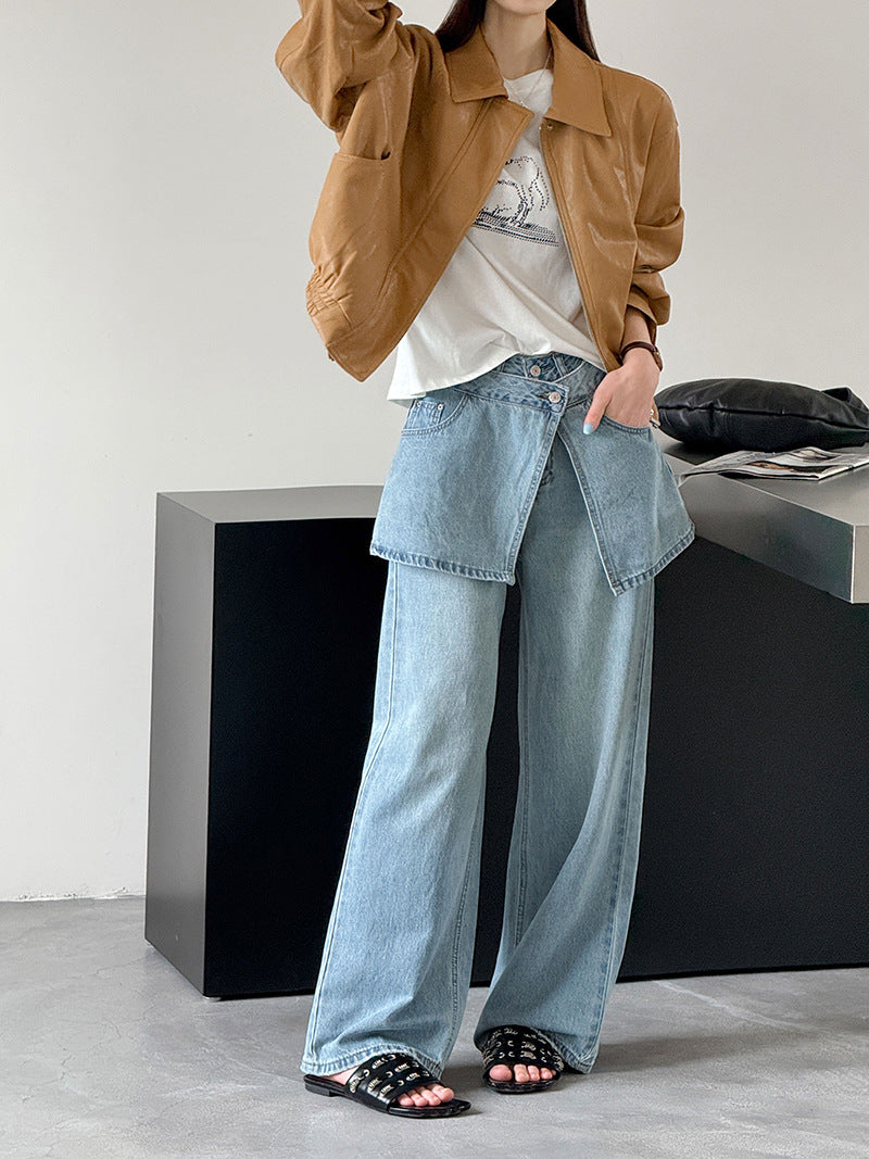 韓系小衆水洗可拆牛仔屁簾高腰顯瘦直筒牛仔褲