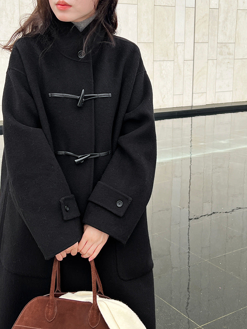 復古立領牛角扣羊毛雙面毛呢大衣外套