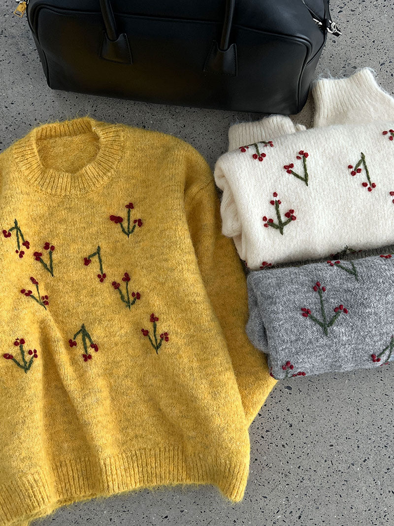 韓系溫柔氛圍感刺繡寬鬆針織上衣-3色