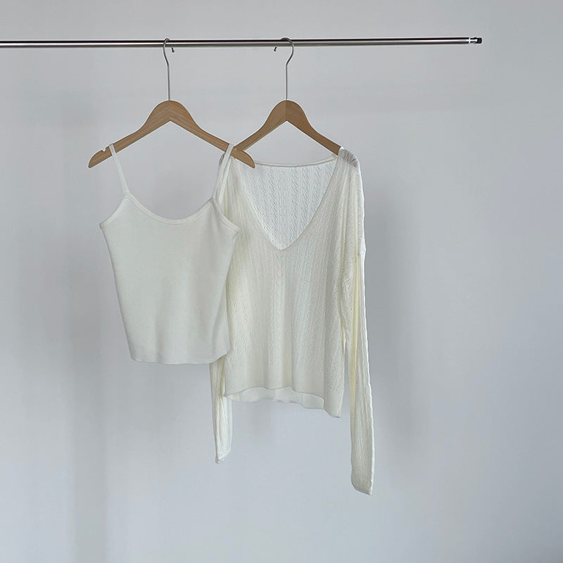 韓系鏤空V領防曬針織罩衫+吊帶上衣-兩件式套裝-4色