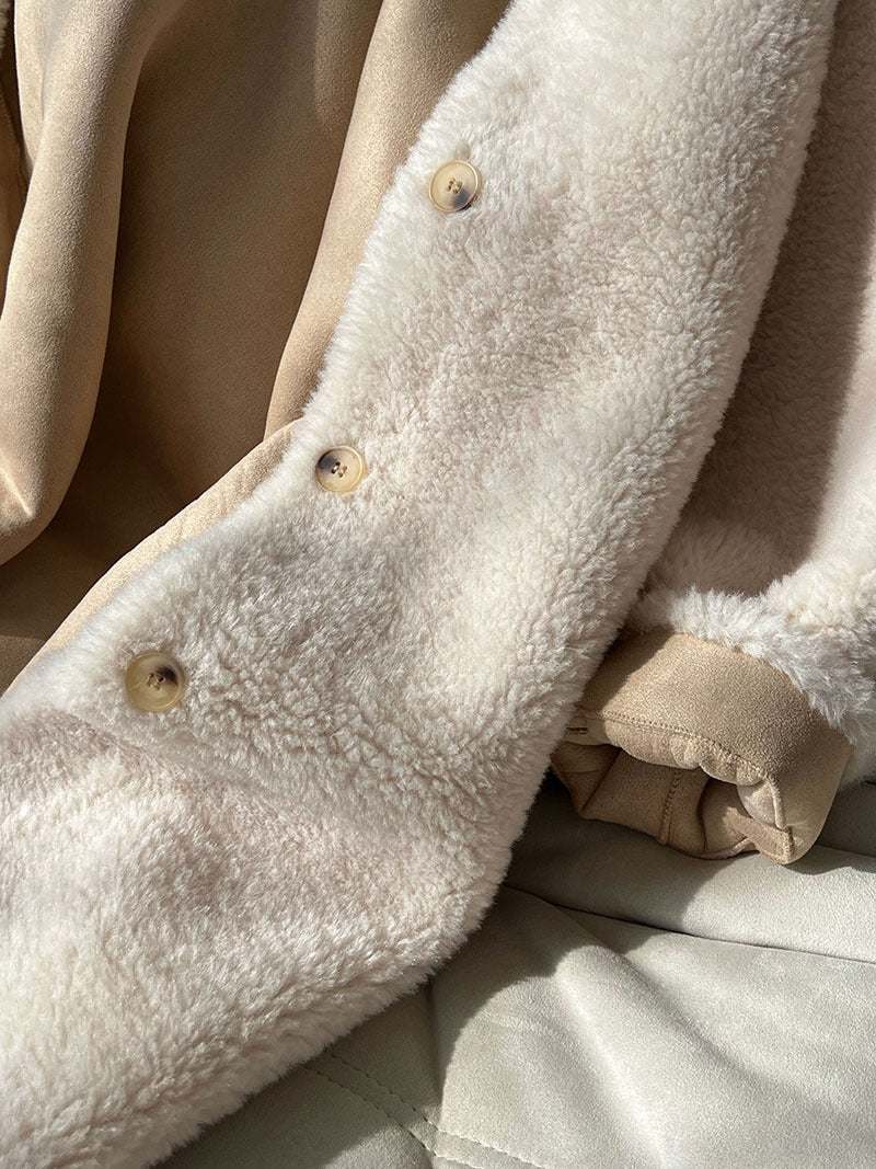 韓版翻領配手套羊羔毛大衣外套