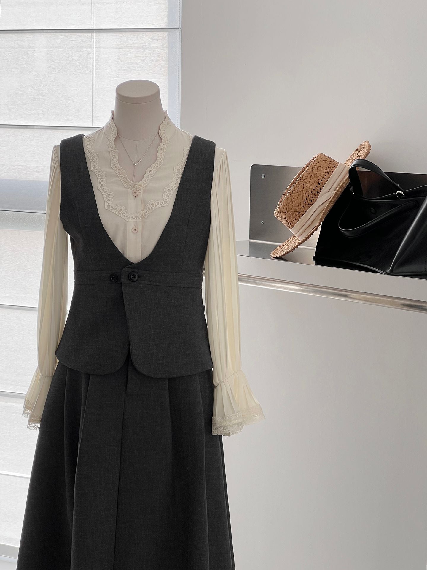 韓系通勤西裝氣質兩穿顯瘦馬甲+休閒半身裙-兩件式套裝