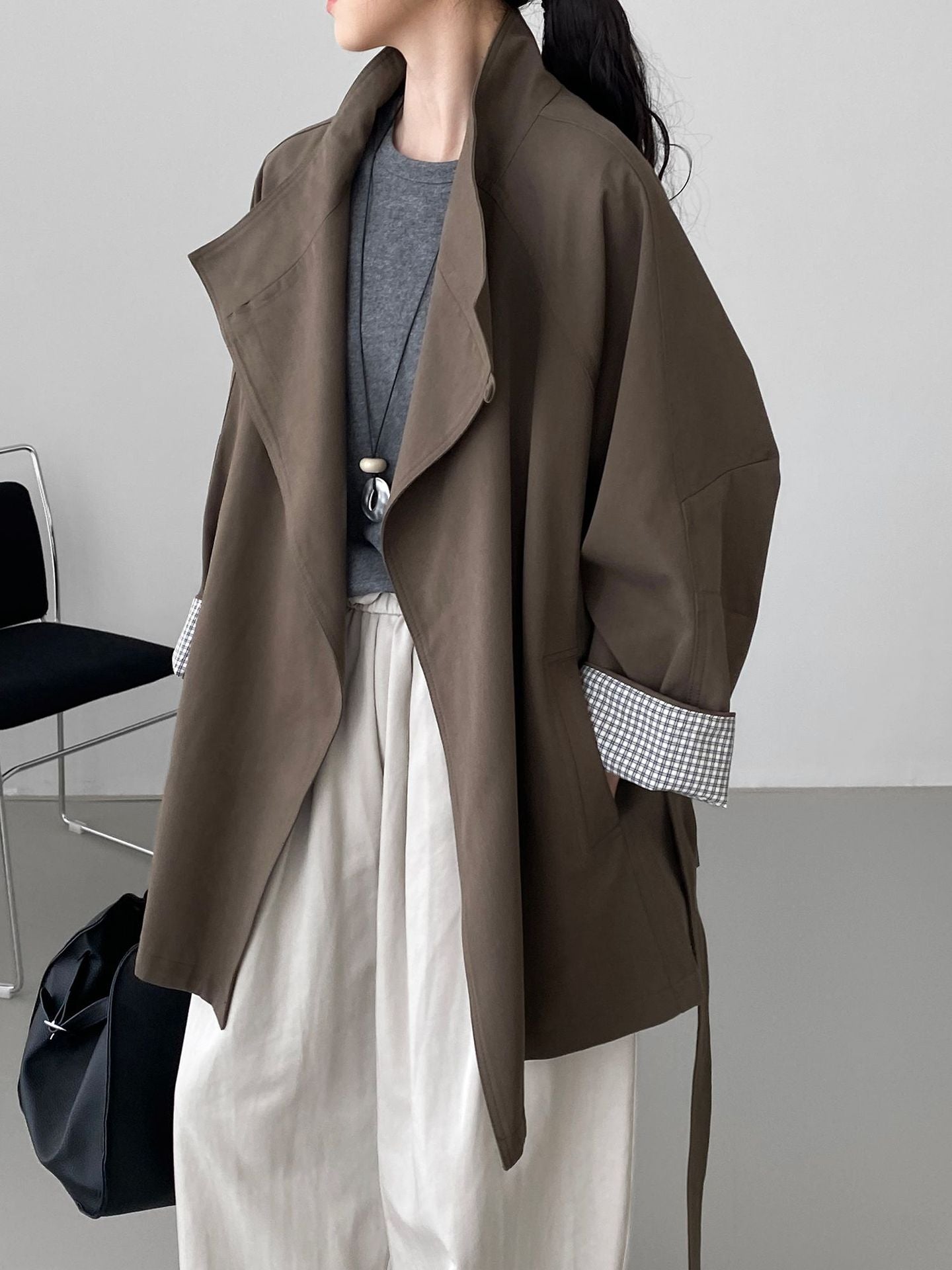 韓系復古英倫風立領寬鬆顯瘦收腰風衣外套-3色