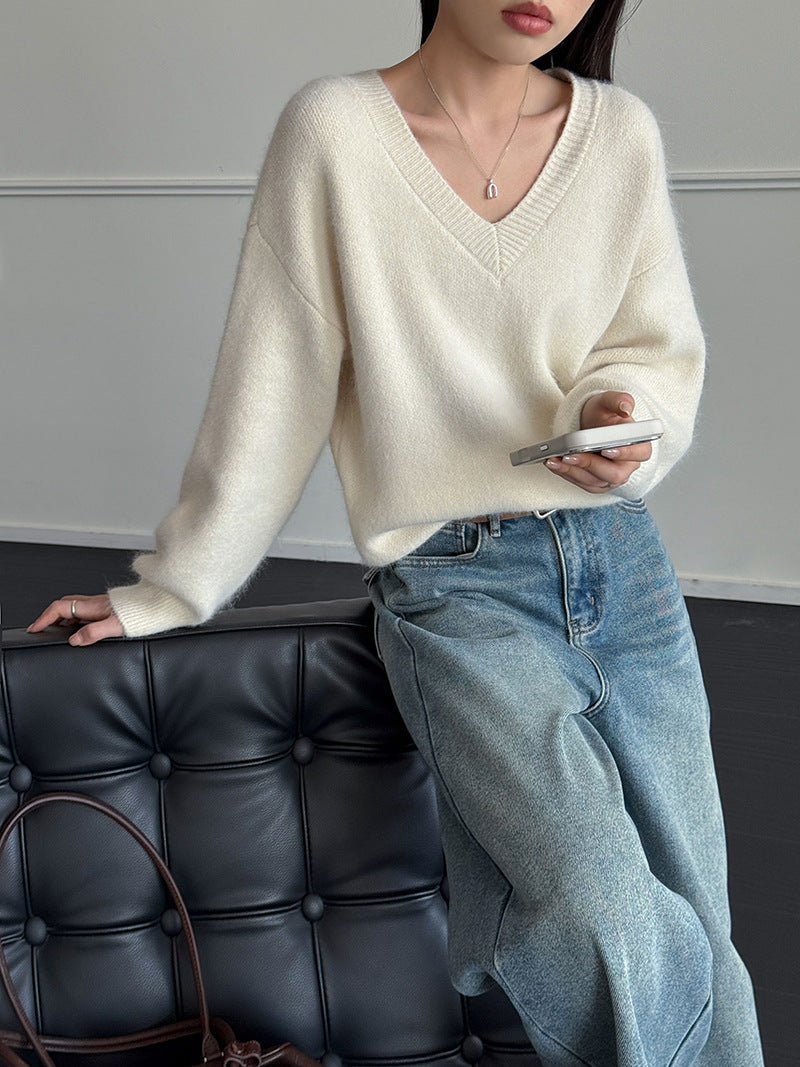 韓系慵懶風V領套頭毛衣-4色