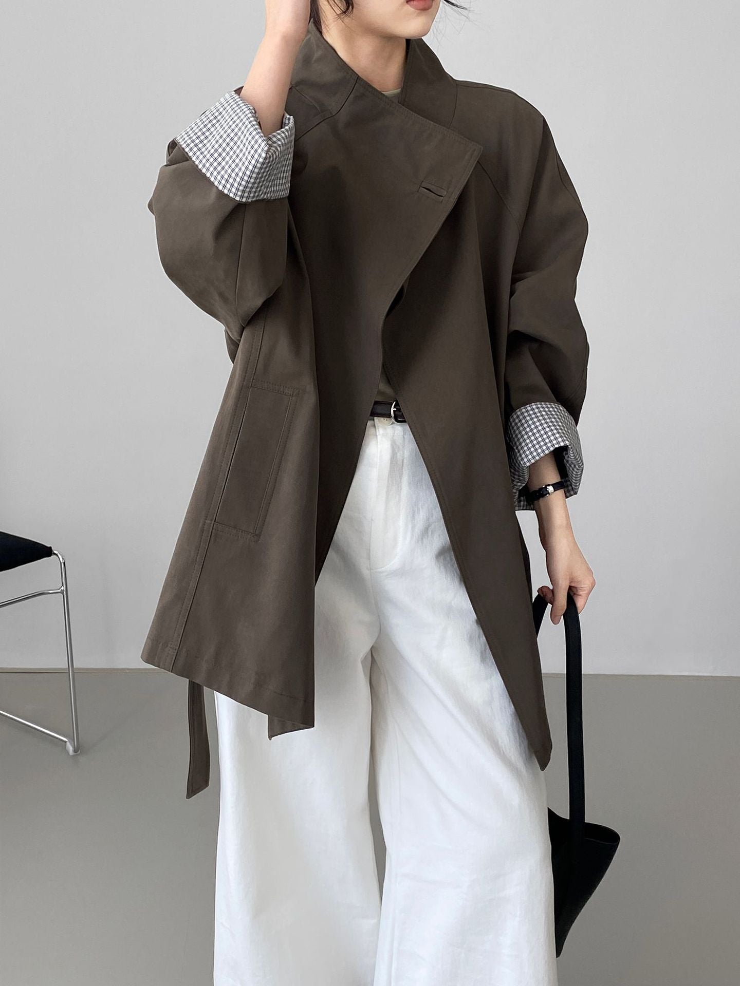 韓系復古英倫風立領寬鬆顯瘦收腰風衣外套-3色