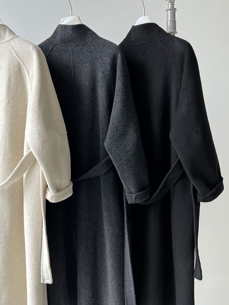 韓版慵懶斜扣領長款雙面呢羊毛大衣外套-3色