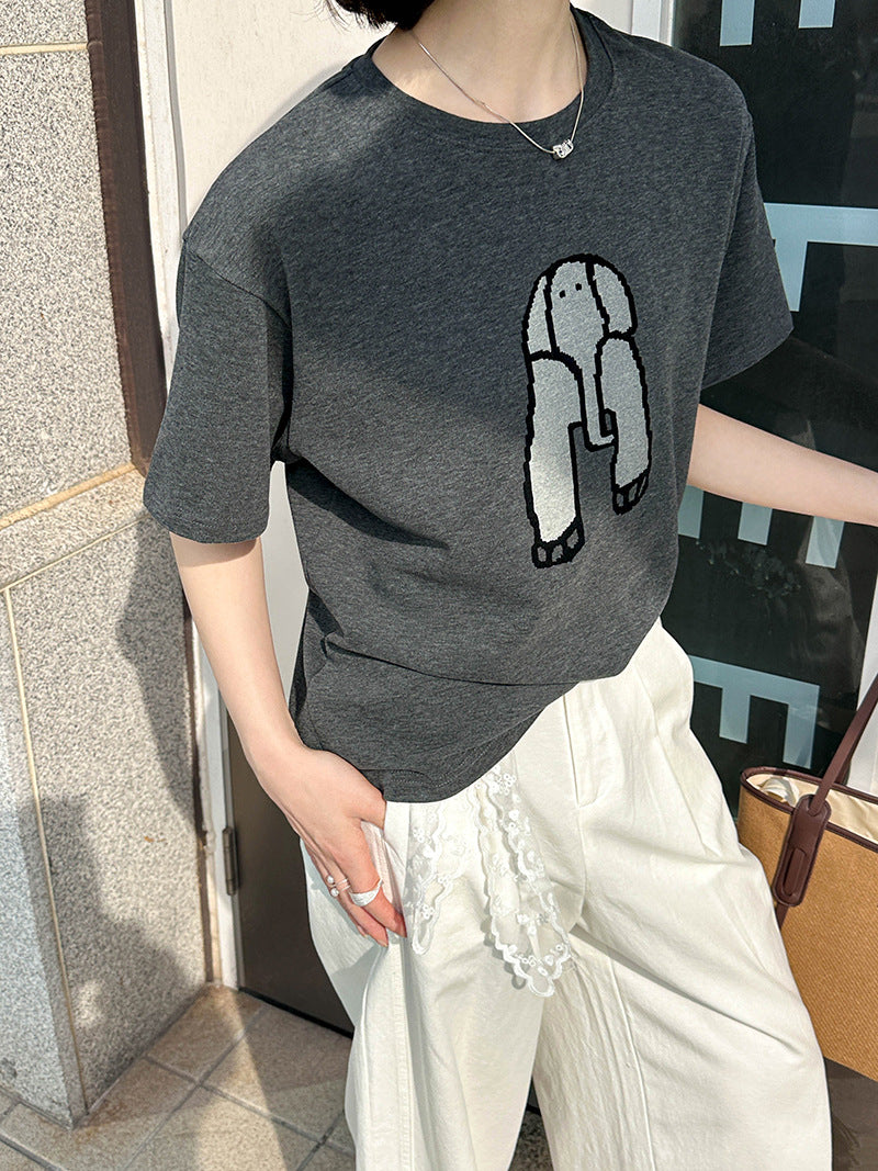 韓版寬鬆顯瘦小象印花高級感短袖上衣-2色