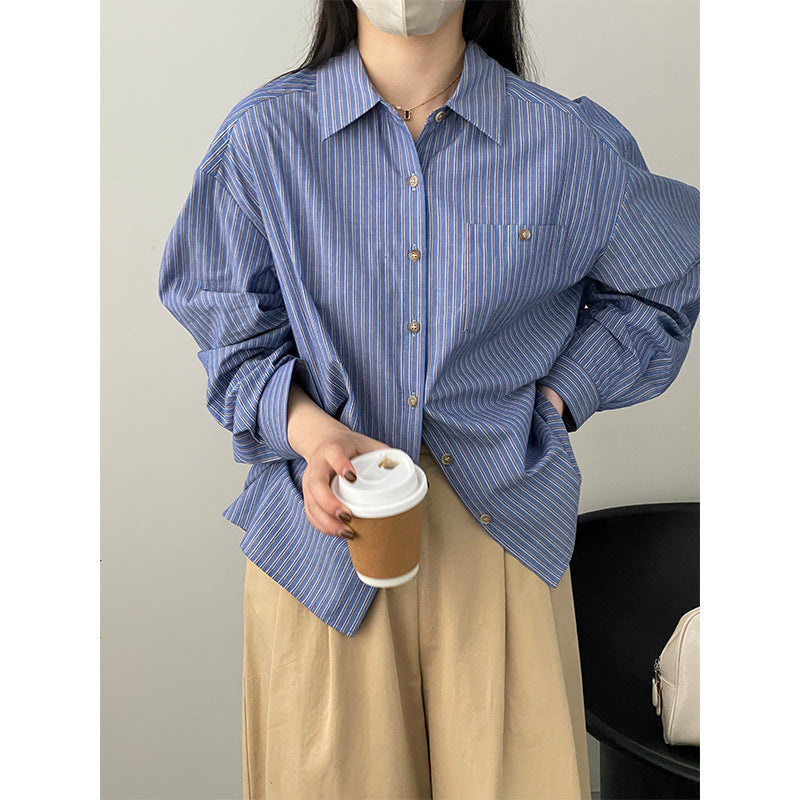 日系文藝條紋寬鬆長袖襯衫-2色