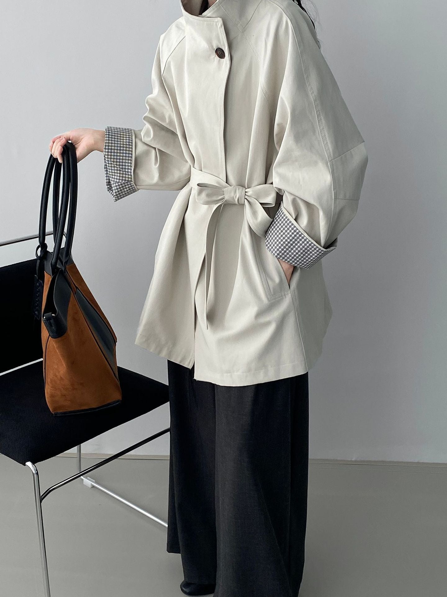 韓系復古英倫風立領寬鬆顯瘦收腰風衣外套-3色