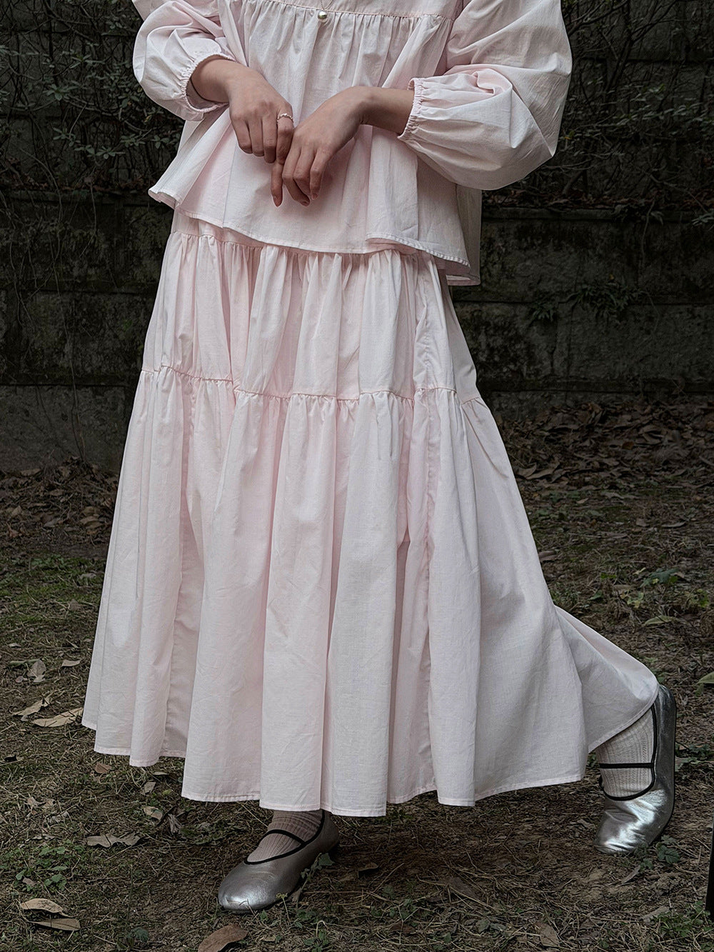 春感甜美娃娃衫+褶皺大擺半身裙-兩件式套裝-2色