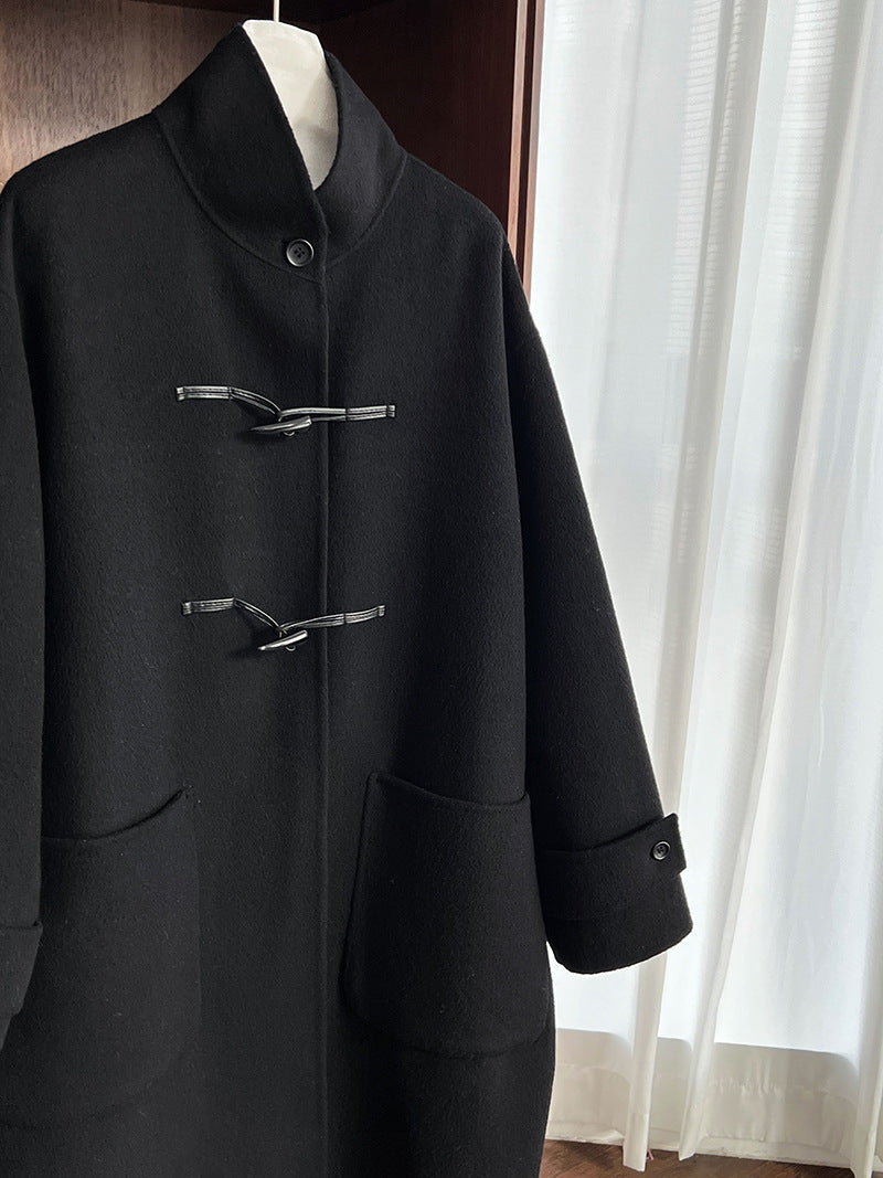 復古立領牛角扣羊毛雙面毛呢大衣外套