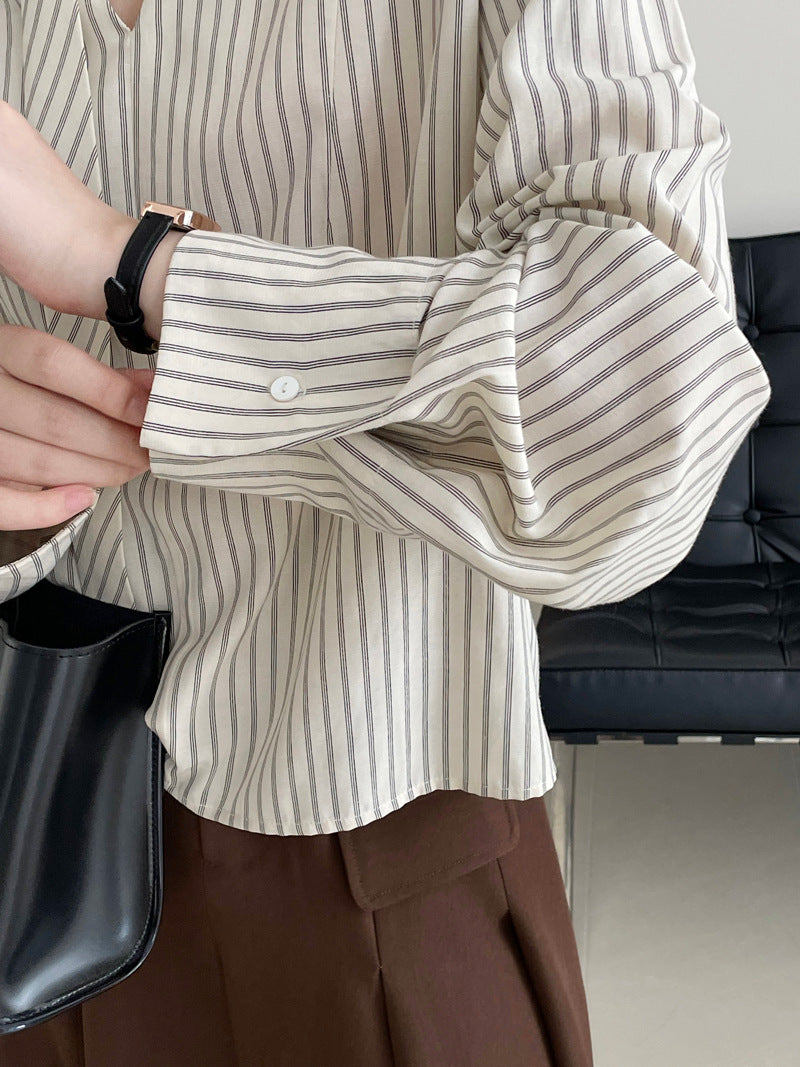 韓系別緻時尚感飄帶領條紋長袖襯衫