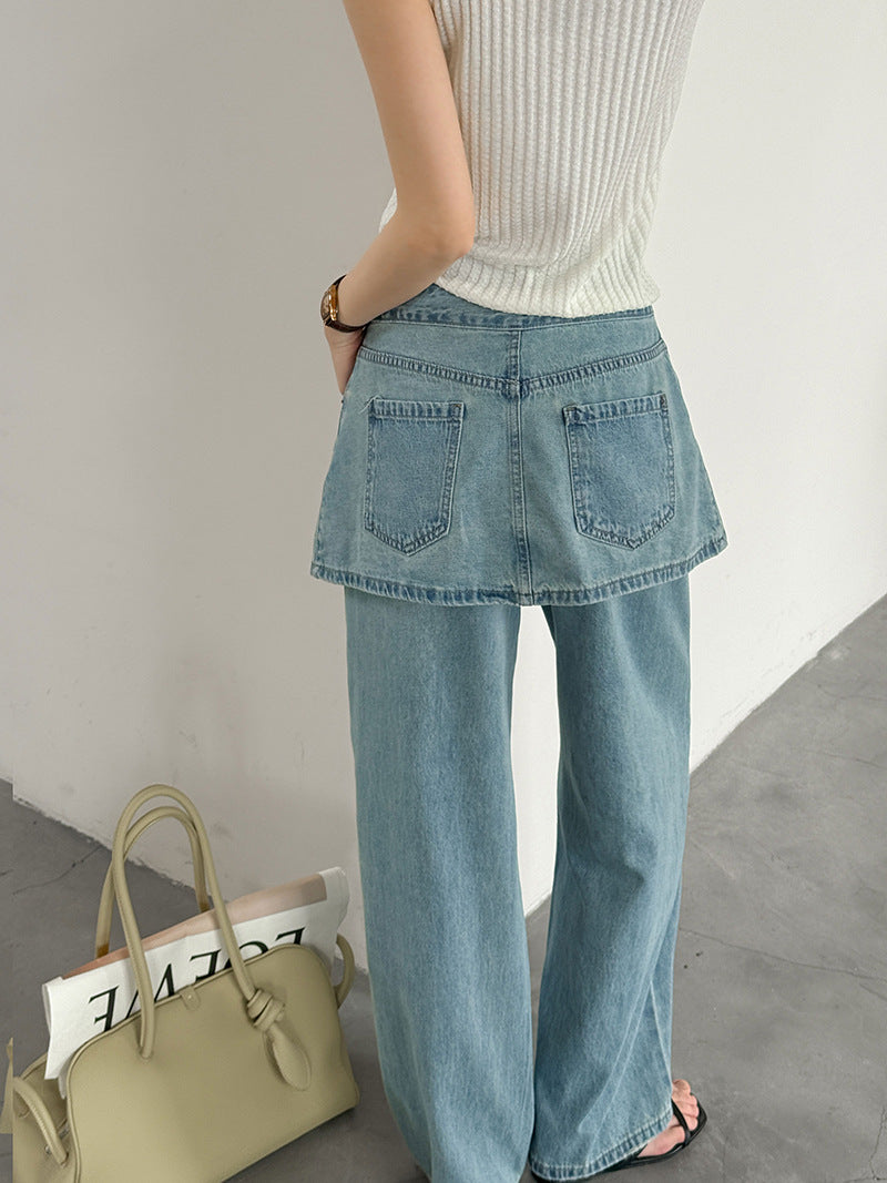 韓系小衆水洗可拆牛仔屁簾高腰顯瘦直筒牛仔褲