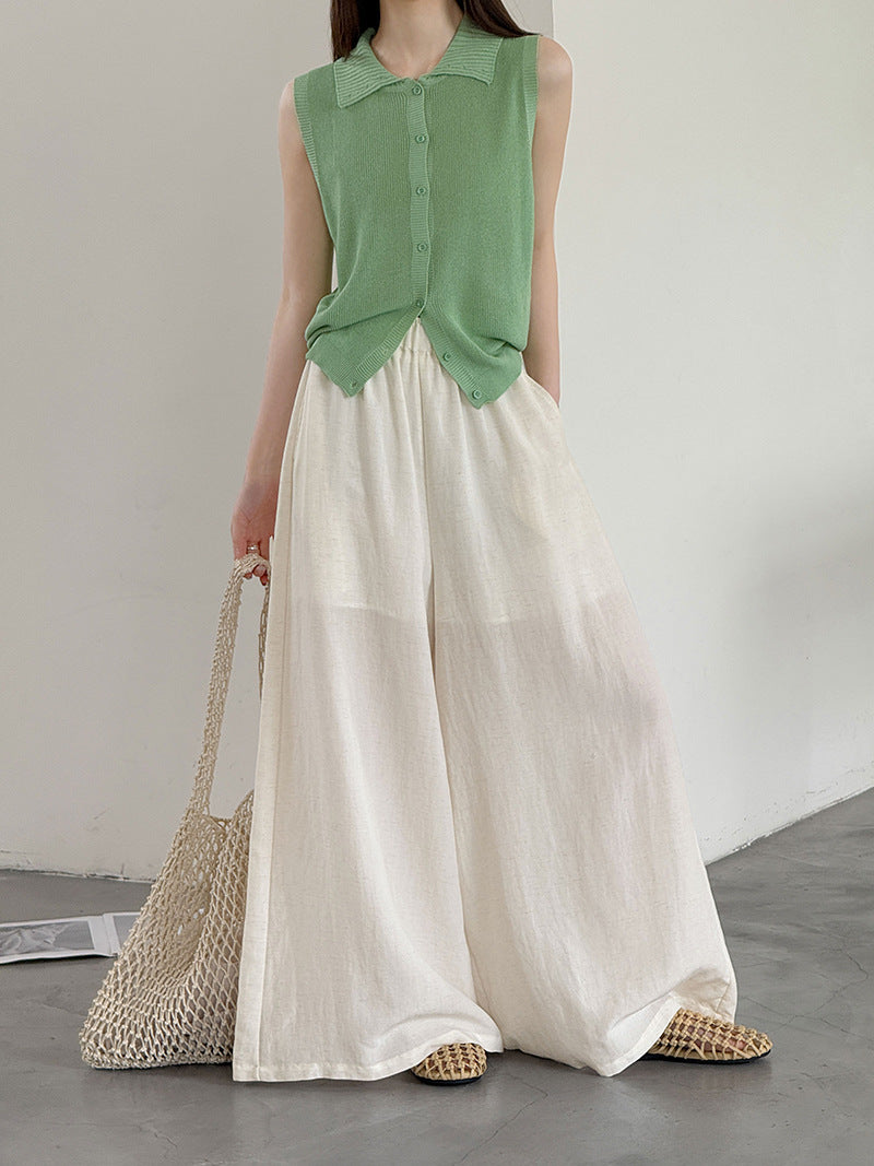 韓系天絲棉麻高腰顯瘦闊腿寬褲-3色