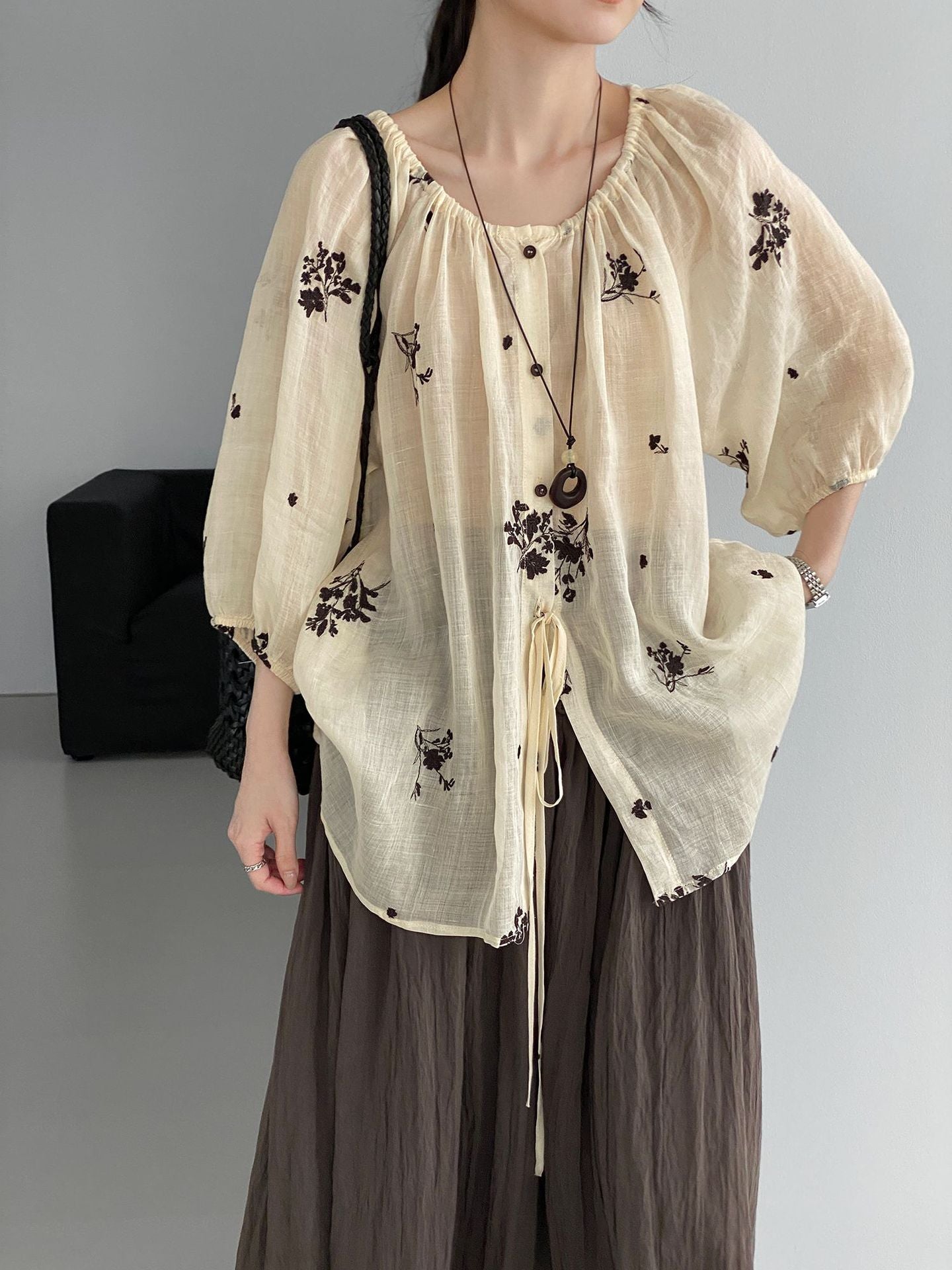 韓系鬆弛感苧麻刺繡碎花綁帶寬鬆防曬上衣-2色